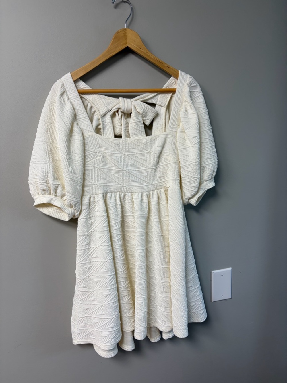 Free People White Textured Puff-Sleeve Mini Dress